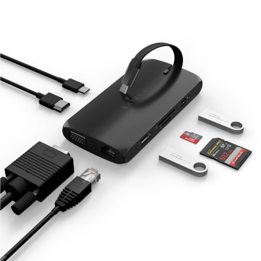 Satechi Αντάπτορας USB-C On The Go Multiport με 2 x Type-C / 2 x USB-A 3.0 / 1 x Gigabit Ethernet / 1 x HDMI 4K / 1 x VGA 1080P / 1 x SD & MicroSD - Black (ST-UCMBAK)