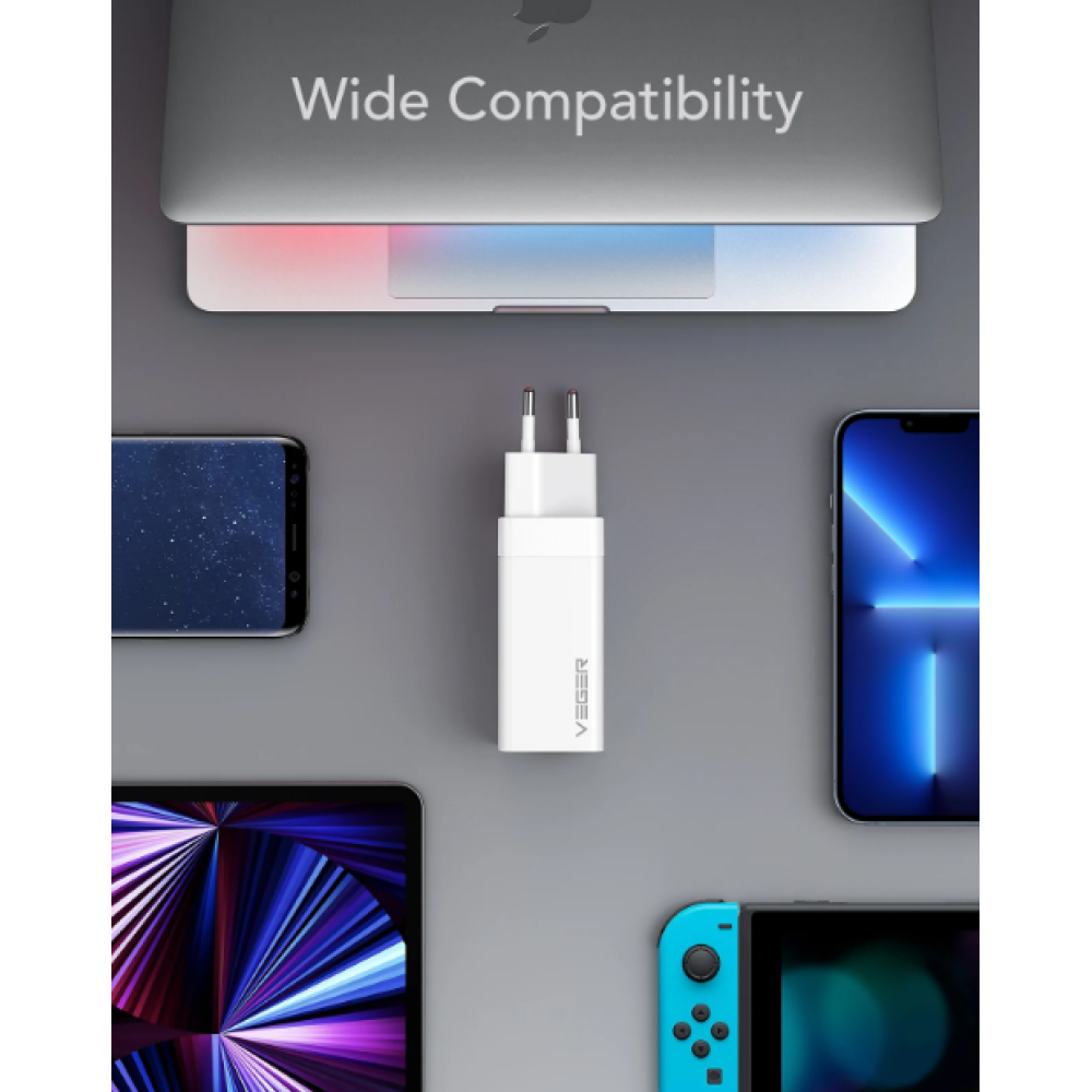 Veger Fast Charger - Ταχυφορτιστής Ταξιδιού / Αντάπτορας Με 1x Type-C / 1 x USB-A - 65W - White (CPD65E)