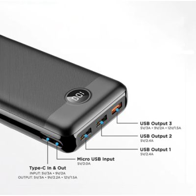 Veger PowerBank L30 με Ψηφιακή Οθόνη LED - Φορητή Μπαταρία Φόρτισης με 3 x USB-Α / 1 x Type-C - 30000mAh - Black (VP3008PD)