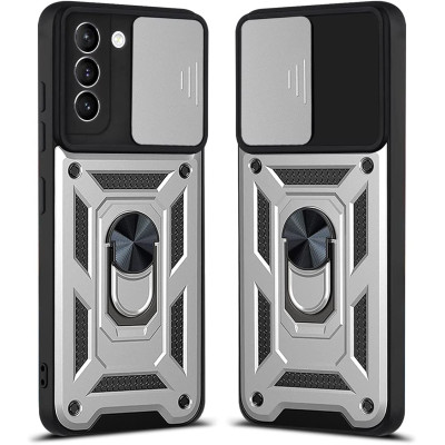 Bodycell Armor Slide - Ανθεκτική Θήκη Samsung Galaxy S21 FE 5G με Κάλυμμα για την Κάμερα & Μεταλλικό Ring Holder - Silver (5206015014451)