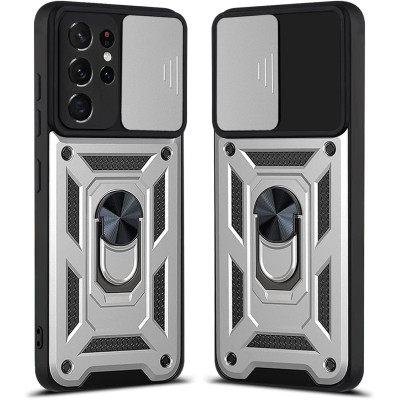 Bodycell Armor Slide - Ανθεκτική Θήκη Samsung Galaxy S21 Ultra 5G με Κάλυμμα για την Κάμερα & Μεταλλικό Ring Holder - Silver (5206015014475)