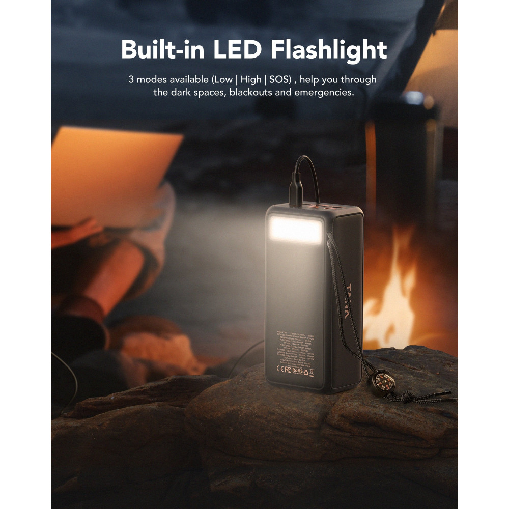 Veger Tank Boost PowerBank με Ψηφιακή Οθόνη LED / Φακό & Πυξίδα - Φορητή Μπαταρία Φόρτισης με 3 x USB-Α / 2 x Type-C - 56000mAh - 100W - Black (VP5001C)