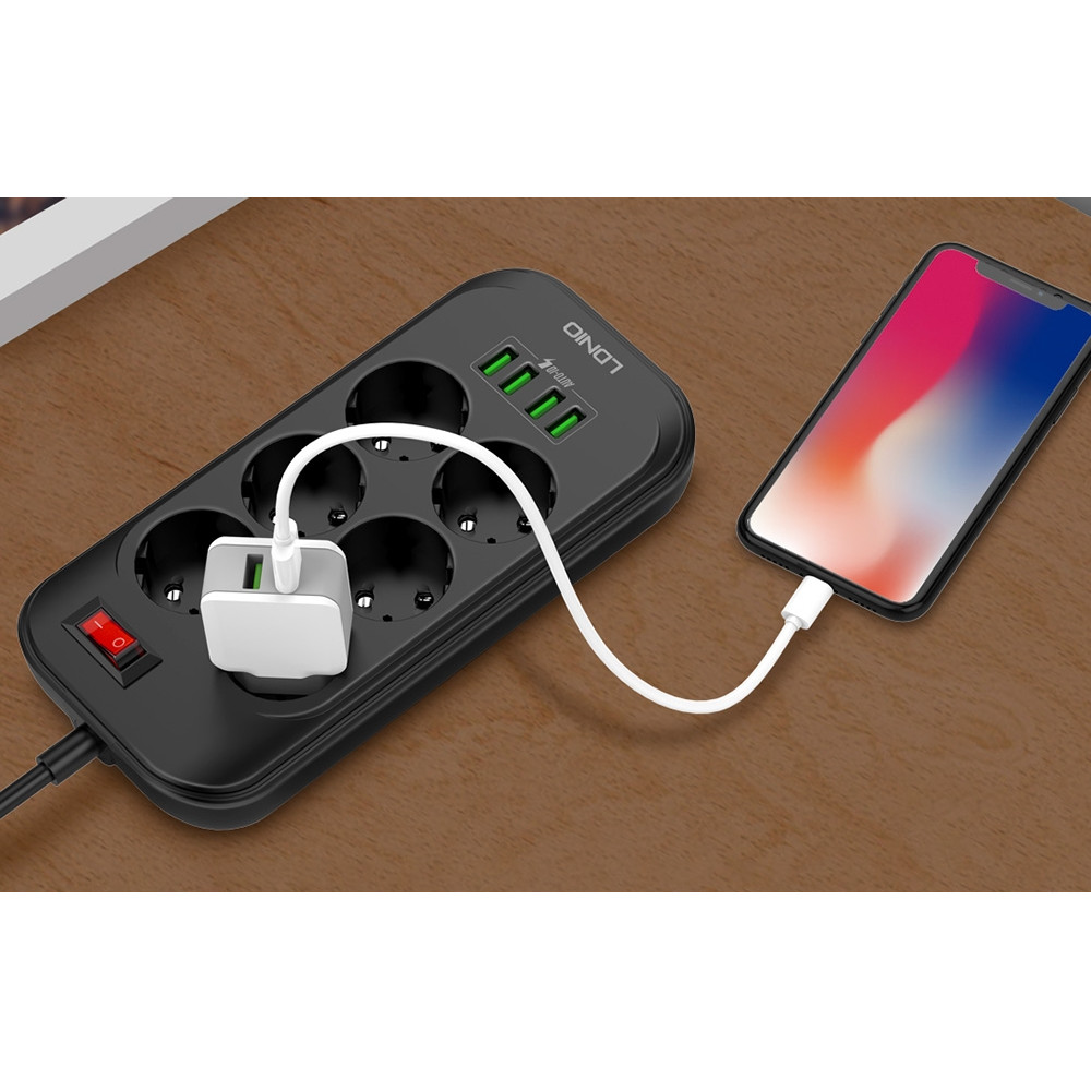 Ldnio Πολύπριζο με 6 Υποδοχές 2500W με Διακόπτη & Καλώδιο 200cm - 4 x USB-A - 17W - Black (SE6403)