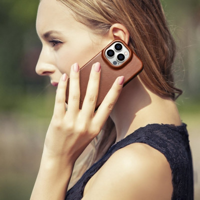 iCarer Curved Edge Oil Wax Leather Folio - Δερμάτινη MagSafe Flip Θήκη-Πορτοφόλι - Apple iPhone 14 Pro - Brown (AKI14220706-BN)