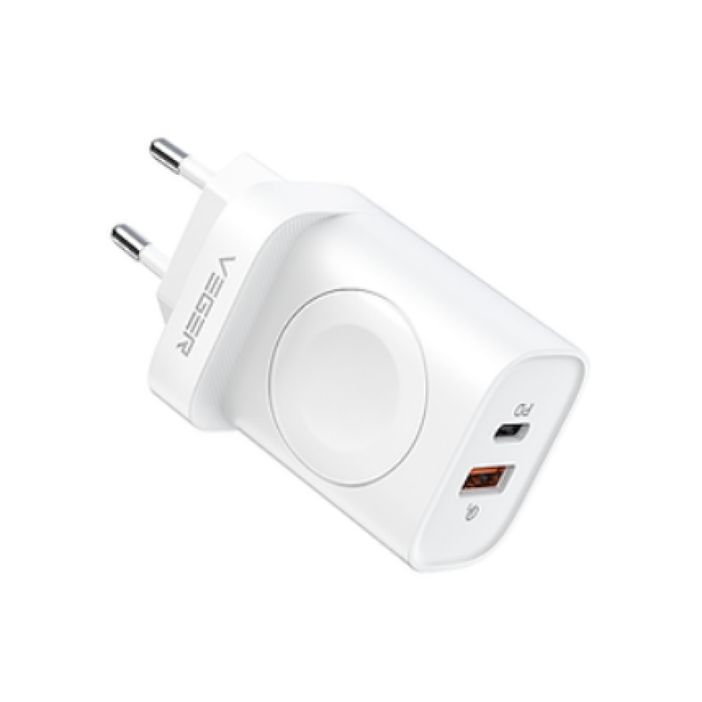 Veger Panel PD Multifunctional Wall Charger / Fast Adapter - 3 σε 1 Πολυλειτουργικός Ταχυφορτιστής Τοίχου / Φορτιστής Apple Watch / Αντάπτορας Με 1x Type-C / 1 x USB-A - 20W - White (W002E)
