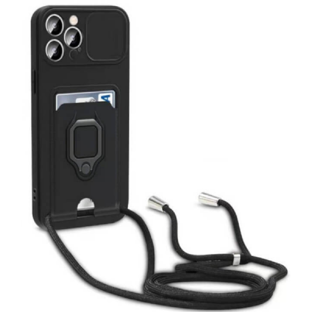 Bodycell Multifunction - Ανθεκτική Θήκη Apple iPhone 14 Pro Max με Λουράκι Λαιμού / Κάλυμμα Κάμερας / Ring Holder / Υποδοχή Κάρτας - Black (5206015016400)