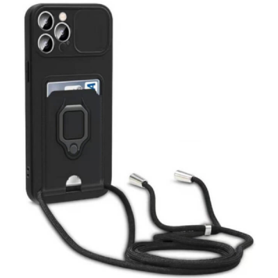 Bodycell Multifunction - Ανθεκτική Θήκη Apple iPhone 14 Pro με Λουράκι Λαιμού / Κάλυμμα Κάμερας / Ring Holder / Υποδοχή Κάρτας - Black (5206015016370)