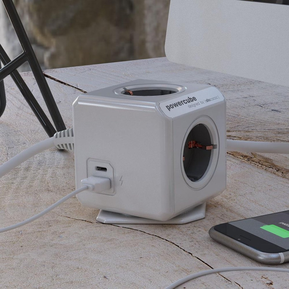 Allocacoc PowerCube Extended USB A + C - Πολύπριζο με 4 Υποδοχές 3680W & Καλώδιο 150cm - 1 x USB-A / 1 x Type-C - 2.4A - Trolley Grey - 2 Έτη Εγγύηση (10435/DEEUAC)