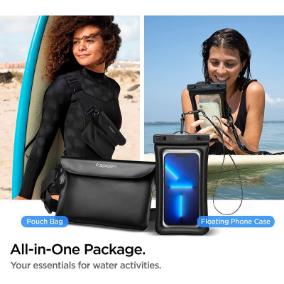 Spigen A621 Aqua Shield Waterproof Floating Bag & Pouch Bag Set - Σετ Universal Αδιάβροχη Τσάντα Μέσης 20 x 12 cm & Αδιάβροχη Θήκη για Κινητά έως 6.8'' - IPX8 - Black (AMP04533)