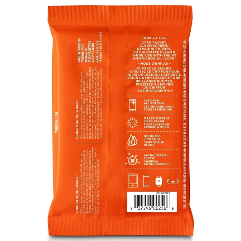 Whoosh! Screen Shine Wipes - Αντιβακτηριδιακά Μαντηλάκια Καθαρισμού Οθόνης & Συσκευών - 20 Τεμάχια (837296002568)