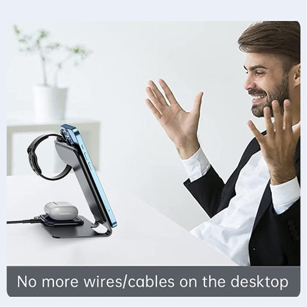 Veger Y9 3 in 1 Wireless Charging Station - Βάση Ασύρματης Φόρτισης Qi για Smartphone / Airpods / Apple Watch - Tarnish Grey (6970453556109)