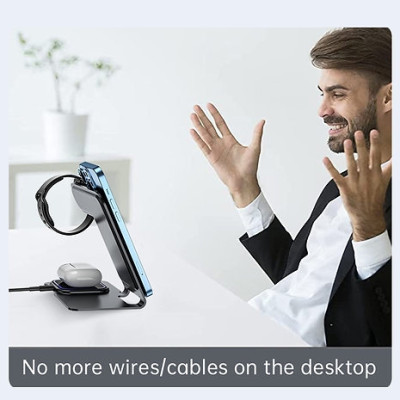 Veger Y9 3 in 1 Wireless Charging Station - Βάση Ασύρματης Φόρτισης Qi για Smartphone / Airpods / Apple Watch - Tarnish Grey (6970453556109)