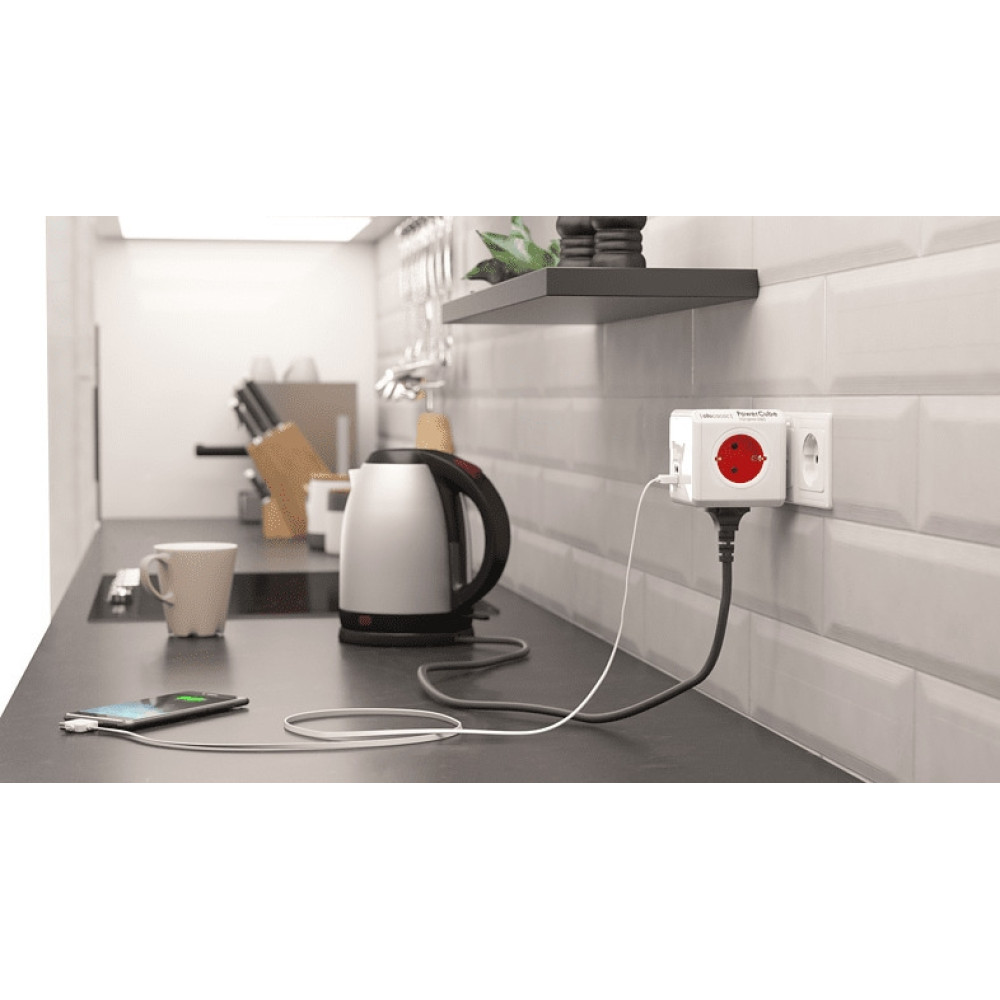 Allocacoc PowerCube Original USB - Πολύπριζο με 4 Υποδοχές Type-F 3680W - 2 x USB-A 10.5W - Boston Red - 2 Έτη Εγγύηση (1202RD/DEOUPC)