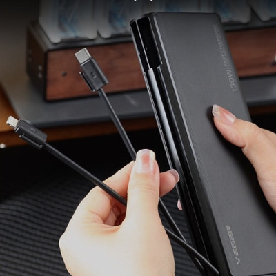 Veger PowerBank TC130 - Φορητή Μπαταρία Φόρτισης με Ενσωματωμένα Καλώδια Type-C & Lightning και 1 x Θύρα USB-A / 1 x Θύρα Type-C - 25000mAh - 130W - Black (W2503)