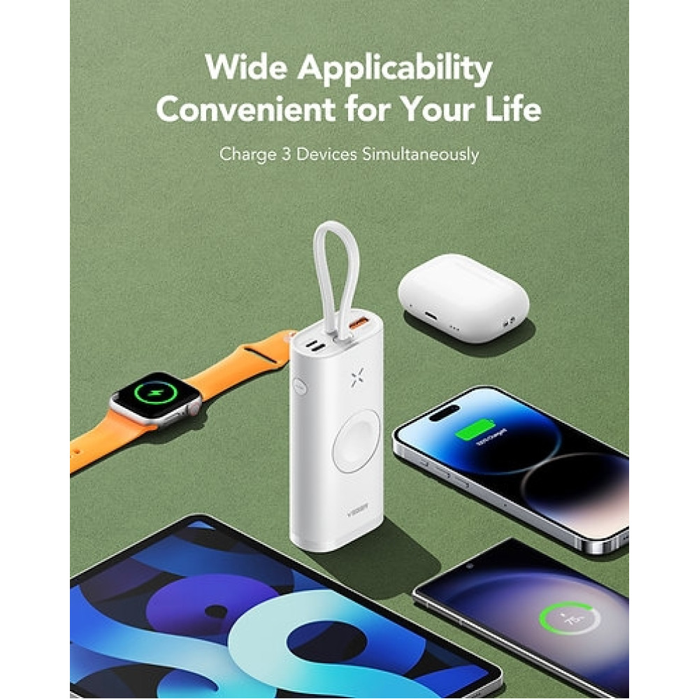 Veger W1162S Mini Fast Charger PowerBank MagFan - Φορητή Μπαταρία Φόρτισης με Kickstand - 10000 mAh με 2 x Type-C / 1 x USB-A - 25W / Ασύρματος Φορτιστής Apple Watch - 2.5W / Καλώδιο Type-C σε Lightning - White (6970453556123)