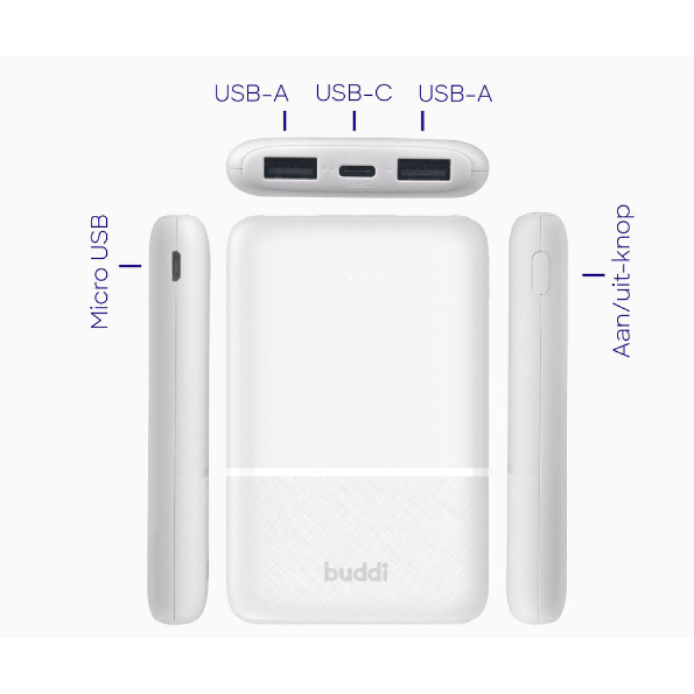 Buddi Mini PowerBank - Φορητή Μπαταρία Φόρτισης με 2 x USB-Α / 1 x Type-C - 5000mAh - White - 5 Έτη Εγγύηση (8719246399084)