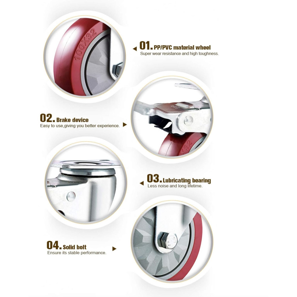 GBL Castor Wheels for Furniture R1-100mm - Αθόρυβα Περιστρεφόμενα Ροδάκια Βαρέως Τύπου για Έπιπλα - 600 Kg Φορτίο - Διάμετρος Τροχού 100mm - 2 x Ροδάκια με Φρένα & 2 x Ροδάκια Χωρίς Φρένα - 4 Τεμάχια - Red / Silver (5060452911748)