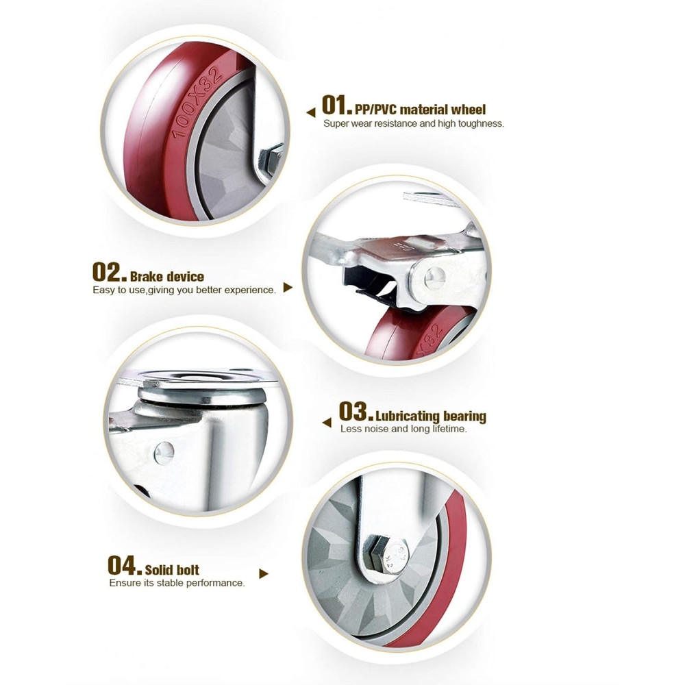 GBL Castor Wheels for Furniture R3-100mm - Αθόρυβα Περιστρεφόμενα Ροδάκια Βαρέως Τύπου με Φρένα για Έπιπλα - 600 Kg Φορτίο - Διάμετρος Τροχού 100mm - 4 Τεμάχια - Red / Silver (5060452911731)