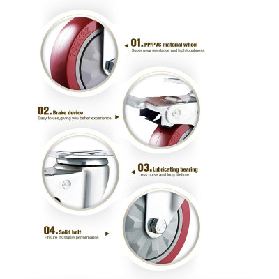 GBL Castor Wheels for Furniture R3-100mm - Αθόρυβα Περιστρεφόμενα Ροδάκια Βαρέως Τύπου με Φρένα για Έπιπλα - 600 Kg Φορτίο - Διάμετρος Τροχού 100mm - 4 Τεμάχια - Red / Silver (5060452911731)
