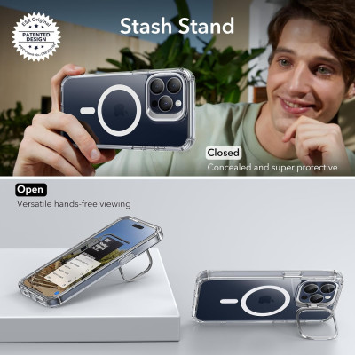 ESR Armor Tough with Stash Stand HaloLock - Ανθεκτική 360° Διάφανη MagSafe Θήκη με Kickstand & Tempered Glass για Φακό Κάμερας - Apple iPhone 15 Pro Max - Clear (4894240176818)