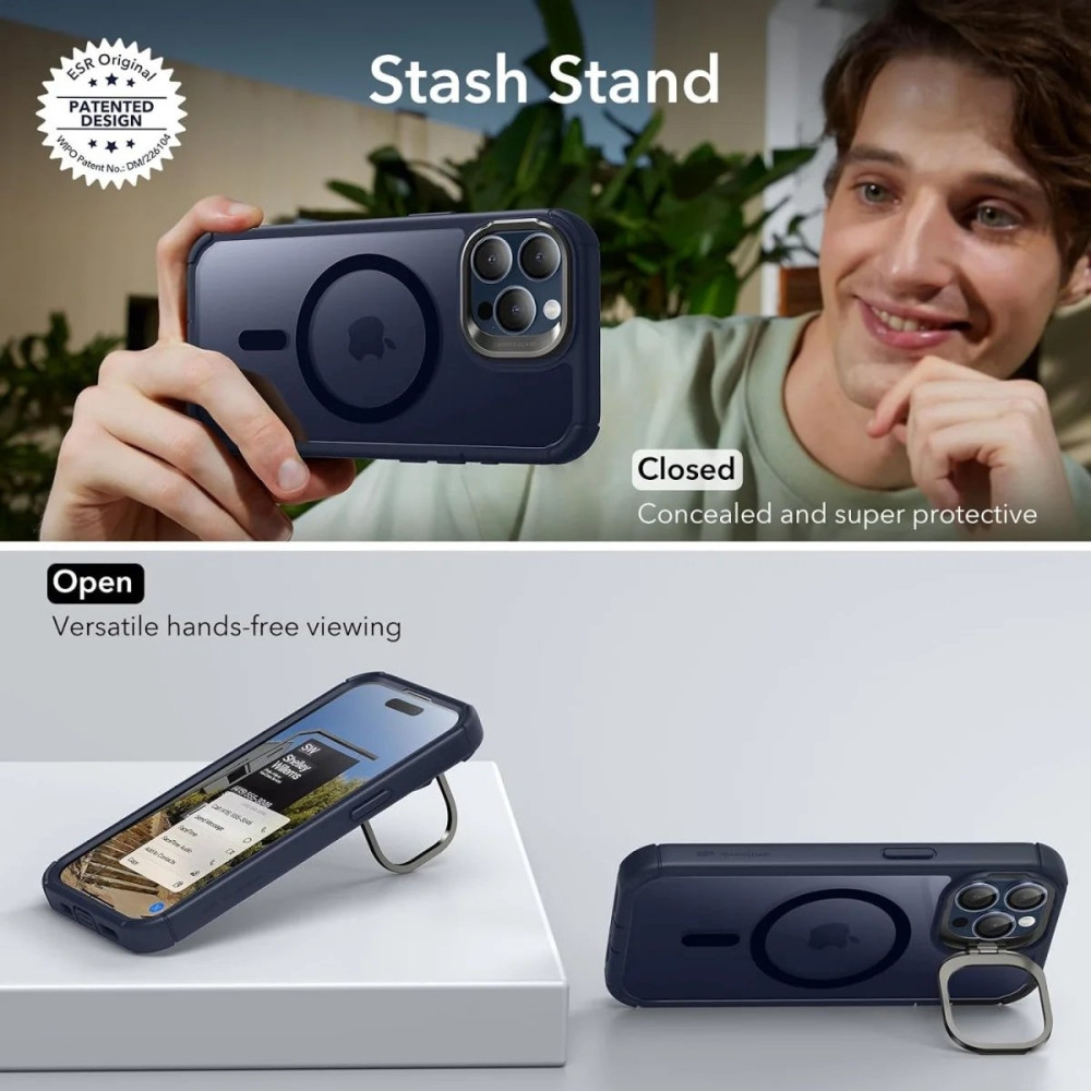 ESR Armor Tough with Stash Stand HaloLock - Ανθεκτική 360° Διάφανη MagSafe Θήκη με Kickstand & Tempered Glass για Φακό Κάμερας - Apple iPhone 15 Pro Max - Clear / Dark Blue (4894240176665)