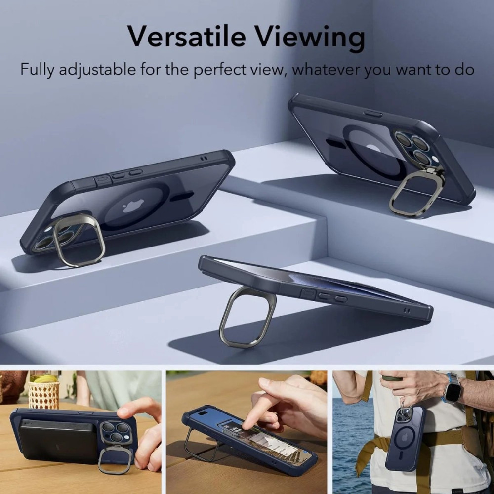 ESR Armor Tough with Stash Stand HaloLock - Ανθεκτική 360° Διάφανη MagSafe Θήκη με Kickstand & Tempered Glass για Φακό Κάμερας - Apple iPhone 15 Pro Max - Clear / Dark Blue (4894240176665)