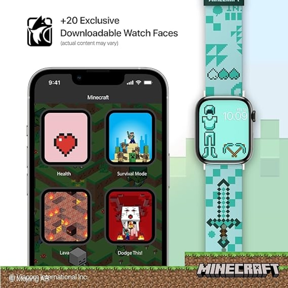 MobyFox Minecraft - Universal Λουράκι Σιλικόνης για Όλα τα Apple Watch & Smartwatches (22mm) με 20 Digital Watch Faces για iOS - Iconic Diamond (810083254296)