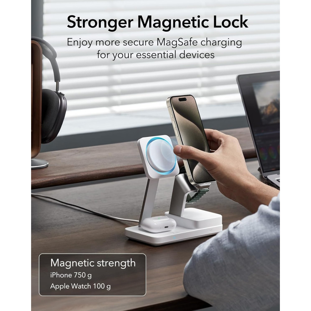 ESR HaloLock 6 in 1 Wireless Charging Station with CryoBoost - Μαγνητική Βάση Ασύρματης Φόρτισης MagSafe για Apple iPhone / Apple Watch / AirPods & 2 x Type-C / 1 x USB-A - 100W - Arctic White (4894240165584)