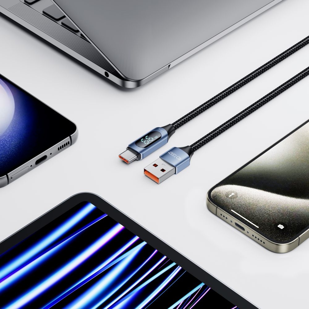 Tech-Protect Ultraboost LED Cable - Καλώδιο Φόρτισης και Μεταφοράς Δεδομένων USB-A σε Type-C με Ψηφιακή Οθόνη LED - 100cm - 66W - 6A - Blue (5906203690671)