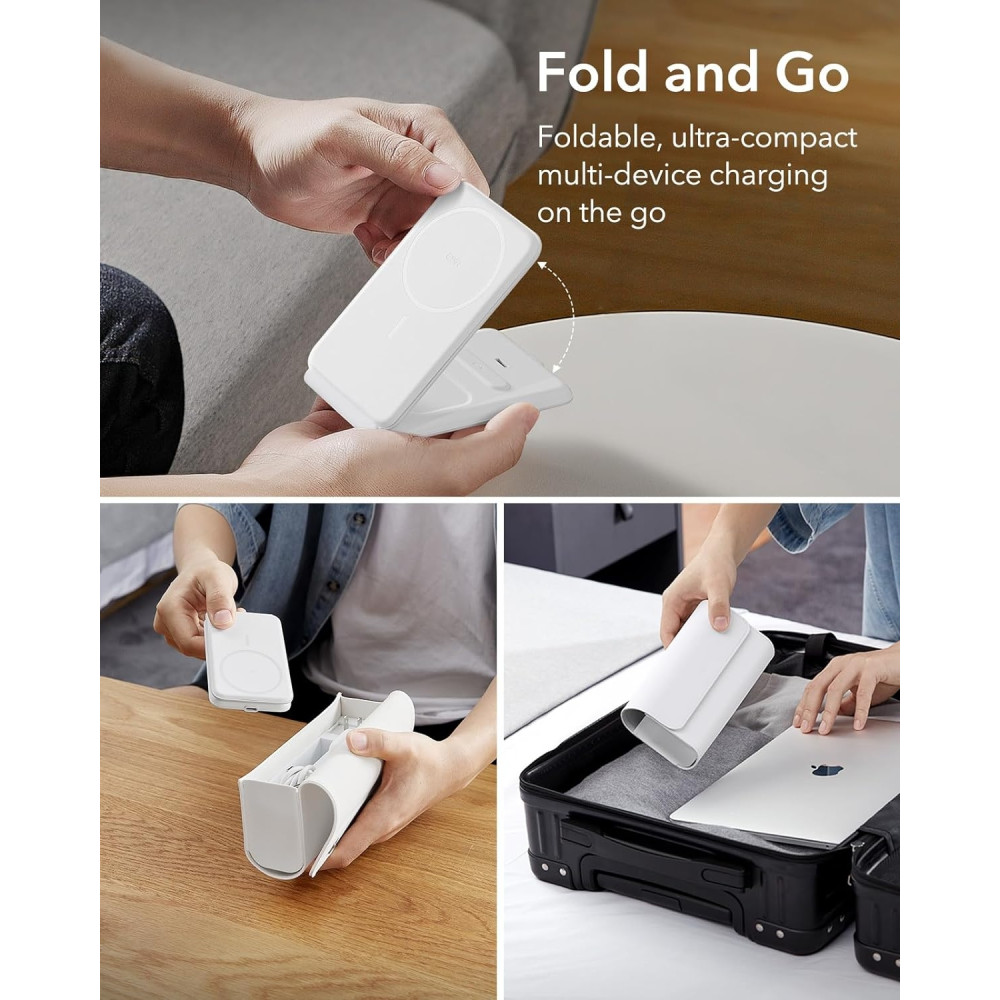 ESR HaloLock 3-in-1 Travel Wireless Charging Set - Σετ Αναδιπλούμενη Φορητή Μαγνητική Βάση Ασύρματης Φόρτισης MagSafe για Apple iPhone / AirPods / Αποσπώμενο Μαγνητικό Φορτιστή Type-C για Apple Watch & Θήκη Μεταφοράς - 7.5W - White (4894240189207)