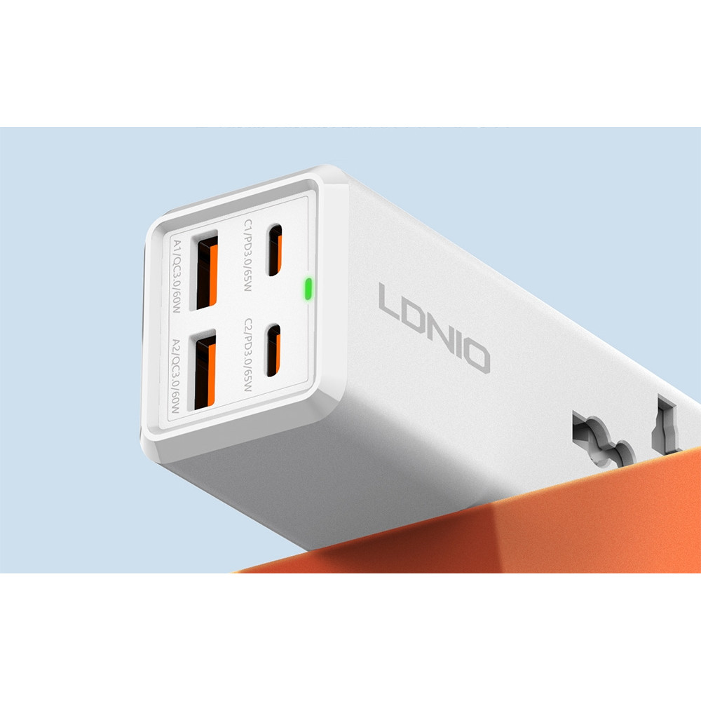 Ldnio 65W Desktop Power Strip - Μονόπριζο με 1 Υποδοχή AC - EU/US 2500W με Καλώδιο 200cm / Ταχυφορτιστής με 2 x USB-A / 2 x Type-C - 65W - White (SC1418)