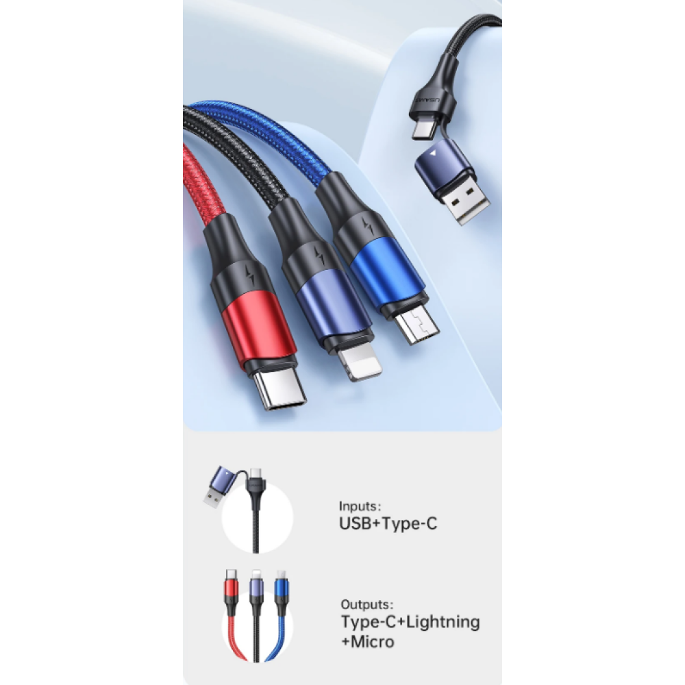 Usams 3 in 2 U71 - Καλώδιο Φόρτισης Type-C & USB-A σε Type-C / Lightning / MicroUSB - 120cm - 3A - Multicolor (US-SJ549)