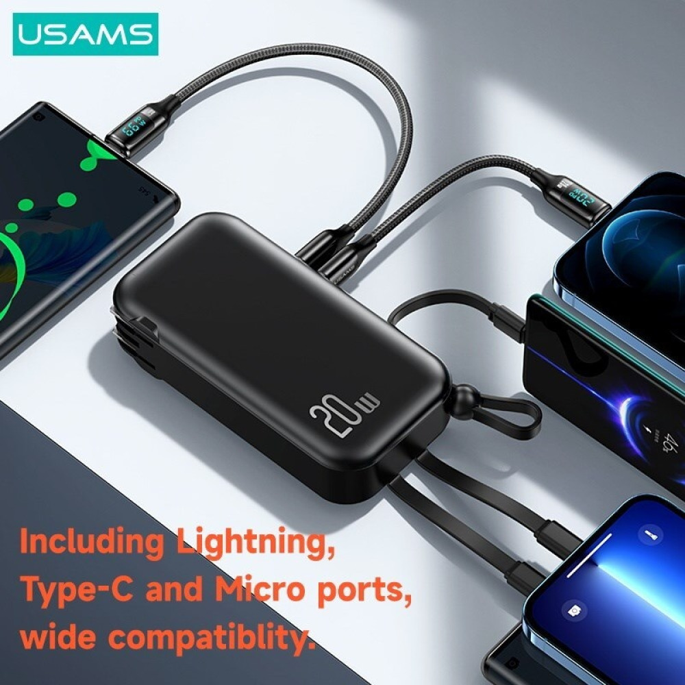 Usams 3 in 1 PB63 US-CD172 - PowerBank 10.000 mAh με Ενσωματωμένα Καλώδια Type-C / Lightning / MicroUSB - Ταχυφορτιστής Τοίχου με Βύσμα EU & US και Θύρες 1 x Type-C / 1 x USB-A - 20W - Black (10KCD17201)