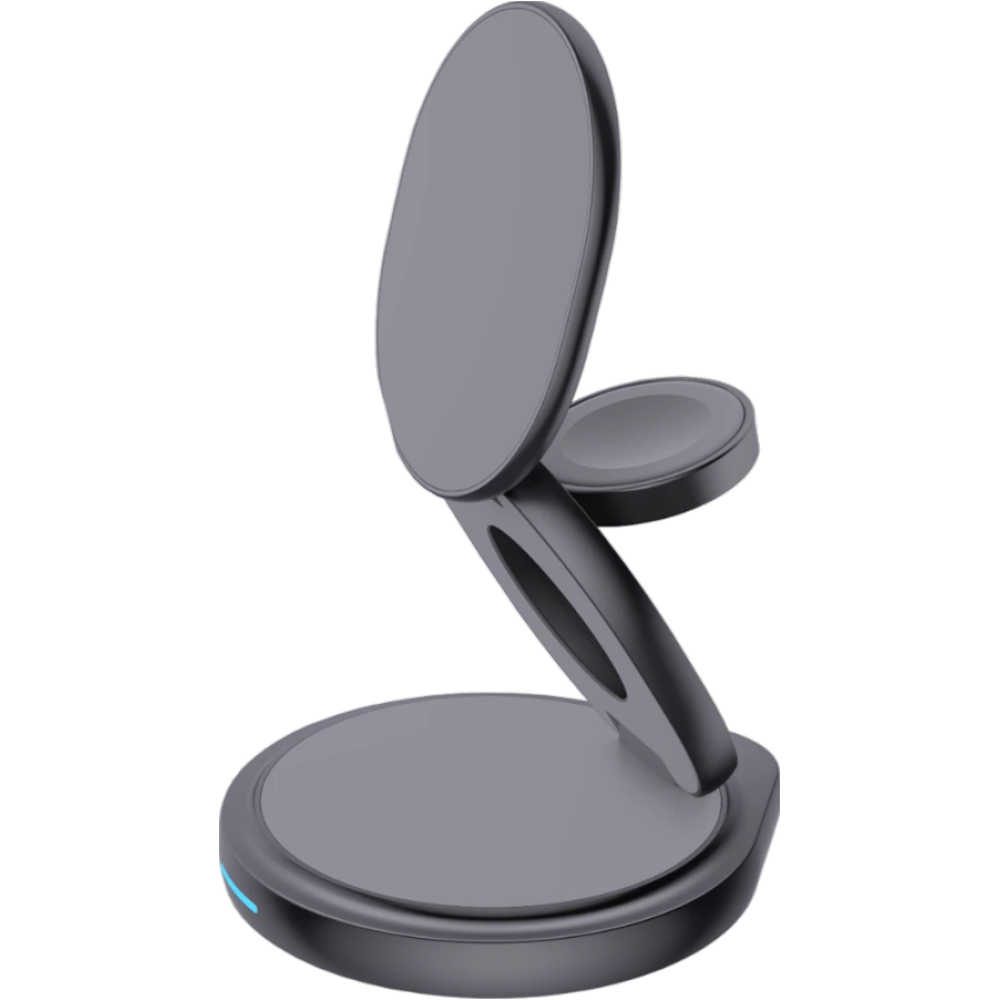 Ofkoz 3in1 360° Foldable Magnetic Wireless Charger - Μαγνητική Αναδιπλούμενη Περιστρεφόμενη Βάση Ασύρματης Φόρτισης MagSafe για iPhone 16 / 15 / 14 / 13 / 12 / AirPods / Apple Watch - 15W - Grey (OKFW01)