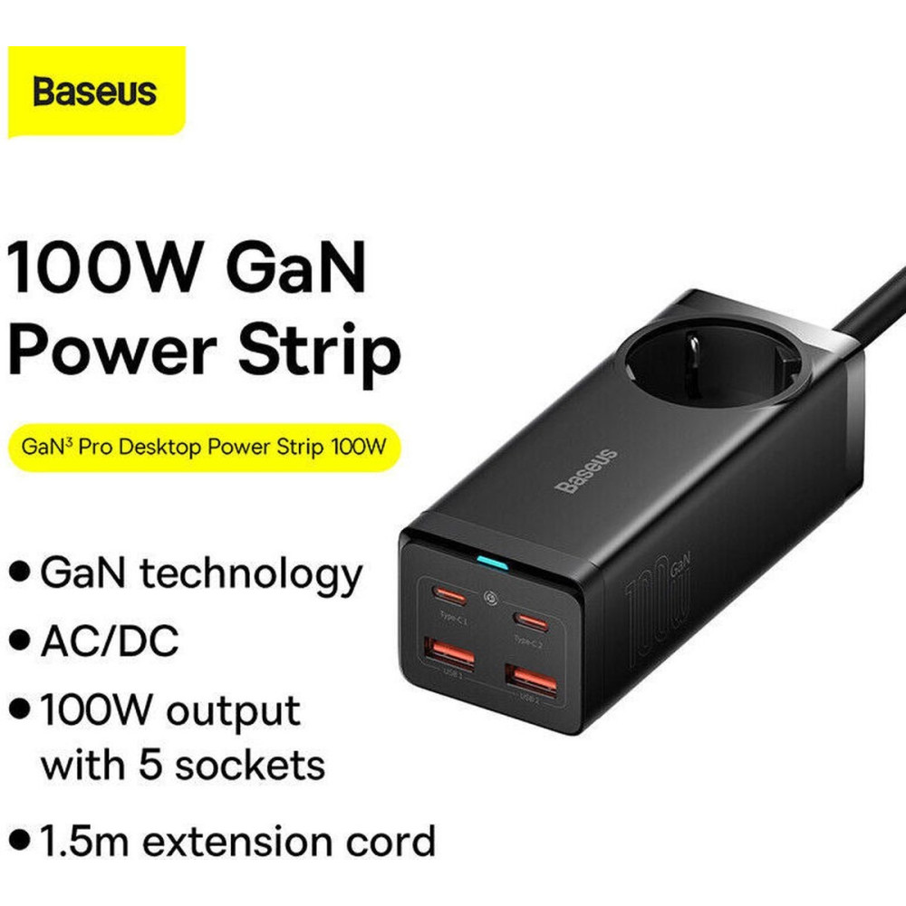 Baseus GaN3 Pro Desktop PowerStrip - Μονόπριζο με 1 Υποδοχή AC με Καλώδιο 150cm / Ταχυφορτιστής με 2 x USB-A / 2 x Type-C - 100W - Black (PSZM000401)