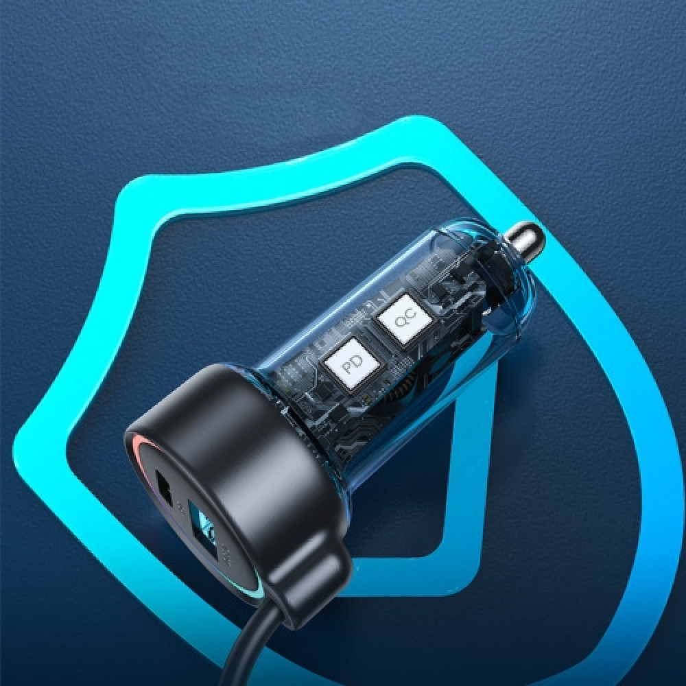 Joyroom JR-CL07 3 in 1 Wired Car Charger - Γρήγορος Φορτιστής Αυτοκινήτου με 1 x USB-A / 1 x Type-C / 1 x Ενσωματωμένο Καλώδιο Type-C 150cm - 55W - Black (6941237172860)