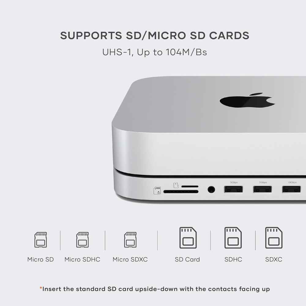 Satechi Stand & Hub για Mac Mini M1 / M2 2023 - 2020 / Mac Studio M4-M1 2025 - 2022 - Με Θήκη για NVMe SSD M.2 SATA Εξωτερικό Σκληρό Δίσκο - Με Θύρες 1 x Type-C 3.2 / 1 x USB-A 3.2 / 2 x USB-A 3.0 / 1 x 3.5mm Jack / 1 x SD & Micro SD - Silver (ST-GMMSHS)