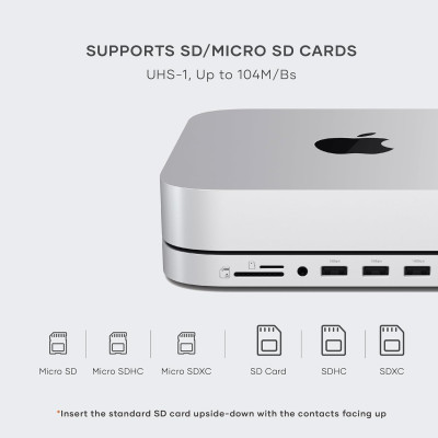 Satechi Stand & Hub για Mac Mini M1 / M2 2023 - 2020 / Mac Studio M4-M1 2025 - 2022 - Με Θήκη για NVMe SSD M.2 SATA Εξωτερικό Σκληρό Δίσκο - Με Θύρες 1 x Type-C 3.2 / 1 x USB-A 3.2 / 2 x USB-A 3.0 / 1 x 3.5mm Jack / 1 x SD & Micro SD - Silver (ST-GMMSHS)
