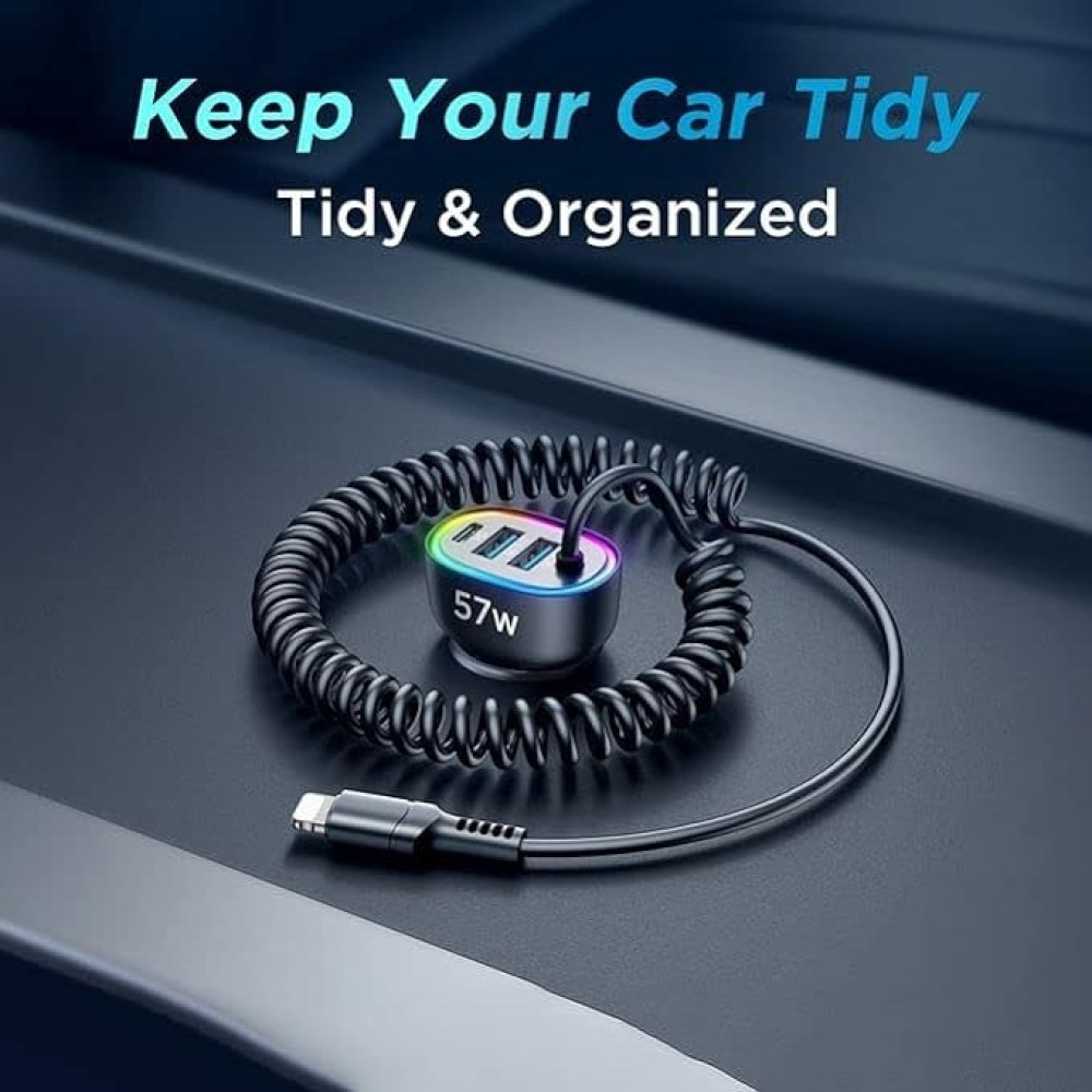 Joyroom JR-CL20 4 in 1 Wired Car Charger - Γρήγορος Φορτιστής Αυτοκινήτου με 2 x USB-A / 1 x Type-C / 1 x Ενσωματωμένο Καλώδιο Lightning 160cm - 57W - Black (6941237198969)