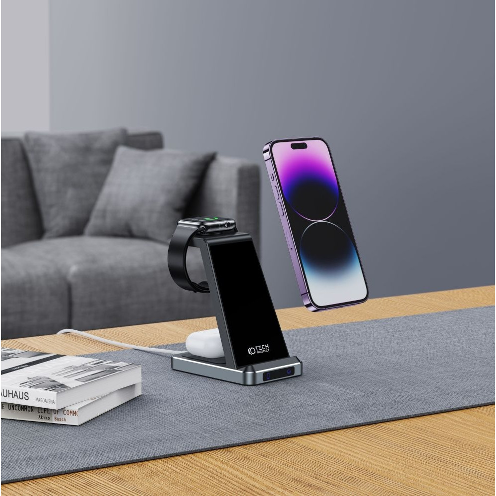 Tech-Protect A26 3 in 1 Wireless Charger - Βάση Ασύρματης Φόρτισης για Smartphone / Airpods & Galaxy Buds / Apple Watch - 15W - Black (9490713934487)