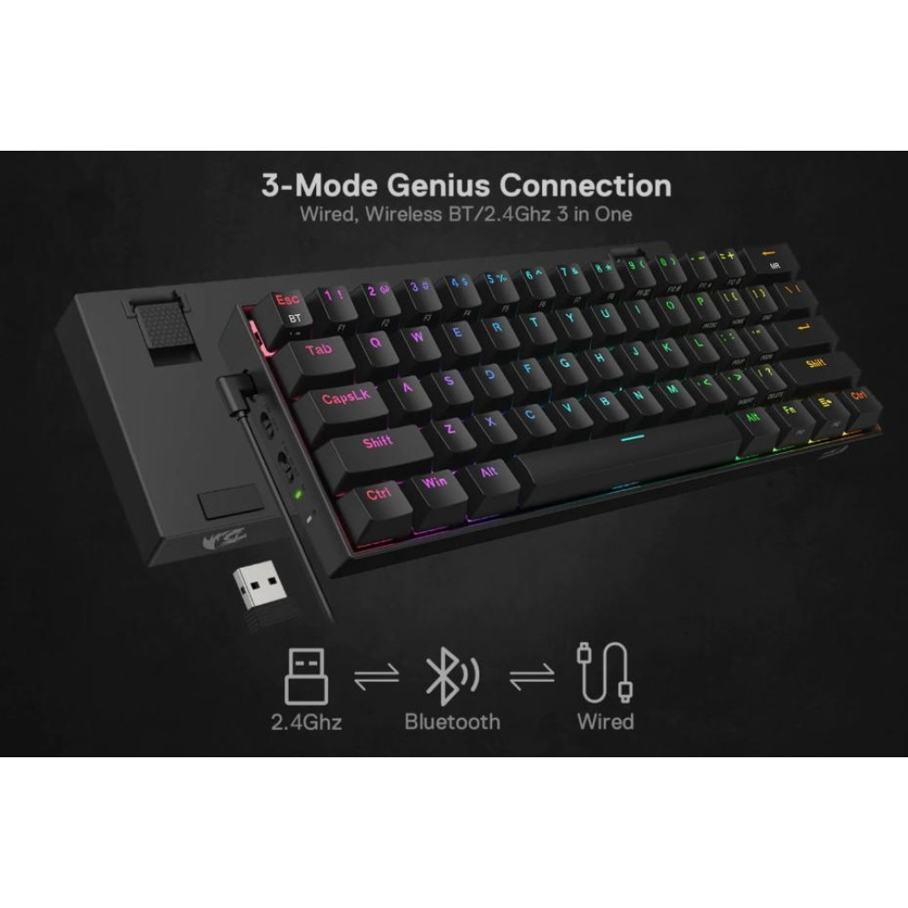Redragon K530 RGB Dragonic Pro - Ασύρματο / Ενσύρματο RGB Gaming Μηχανικό Πληκτρολόγιο 60% με Custom Blue Διακόπτες - US - Black (6950376707819)