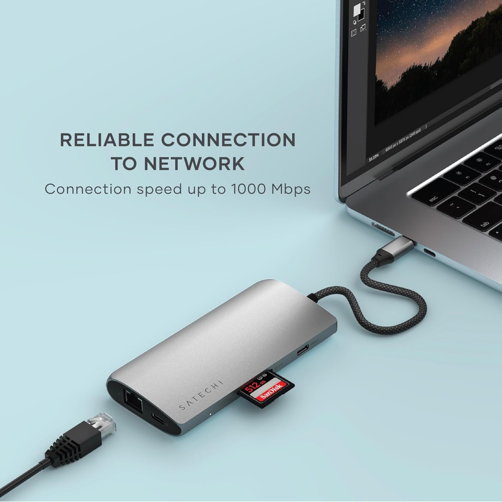 Satechi USB-C Multiport Adapter 8K With Ethernet V3 - Αντάπτορας με 4 x Type-C 3.2 / 1 x Type-C PD 85W / 1 x HDMI 8K 30Hz / 1 x Ethernet / 1 x SD 4.0 - Space Gray (ST-P8KEM)
