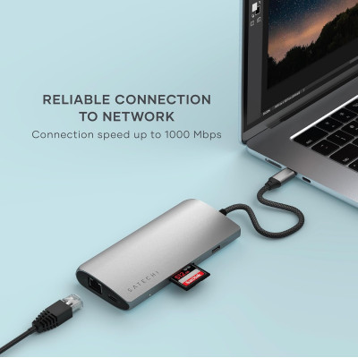 Satechi USB-C Multiport Adapter 8K With Ethernet V3 - Αντάπτορας με 4 x Type-C 3.2 / 1 x Type-C PD 85W / 1 x HDMI 8K 30Hz / 1 x Ethernet / 1 x SD 4.0 - Space Gray (ST-P8KEM)