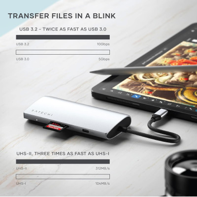 Satechi USB-C Multiport Adapter 8K With Ethernet V3 - Αντάπτορας με 4 x Type-C 3.2 / 1 x Type-C PD 85W / 1 x HDMI 8K 30Hz / 1 x Ethernet / 1 x SD 4.0 - Silver (ST-P8KES)