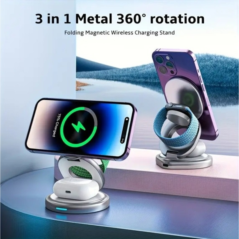 Ofkoz 3in1 360° Foldable Magnetic Wireless Charger - Μαγνητική Αναδιπλούμενη Περιστρεφόμενη Βάση Ασύρματης Φόρτισης MagSafe για iPhone 16 / 15 / 14 / 13 / 12 / AirPods / Apple Watch - 15W - Silver (OKFW02)