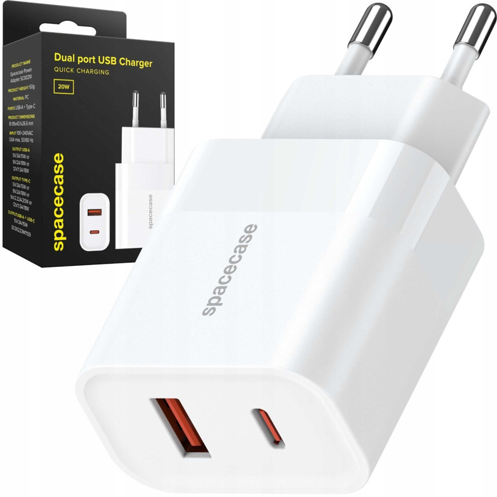 Spacecase SC002W Dual Port USB Charger - Ταχυφορτιστής Ταξιδιού / Αντάπτορας με 1 x USB-A / 1 x Type-C - 20W - White (5905719105150)