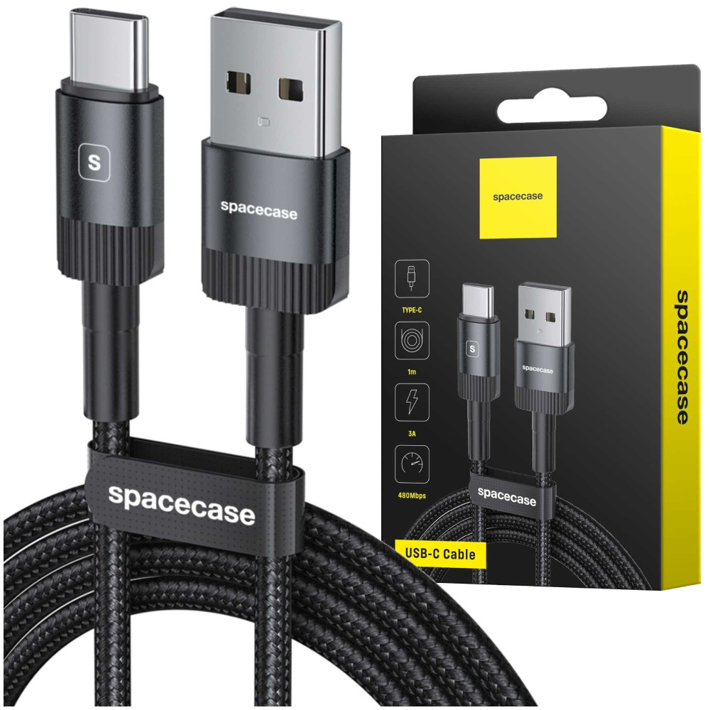 Spacecase USB-C Cable - Καλώδιο Φόρτισης και Μεταφοράς Δεδομένων USB-A σε Type-C - 100cm - 3A - Black (5905719072537)