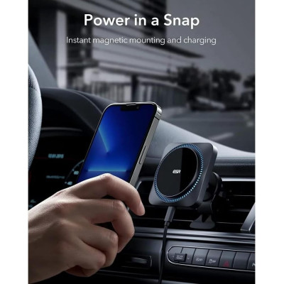 ESR HaloLock Wireless Car Charger with CryoBoost - Μαγνητική Βάση Ασύρματης Φόρτισης MagSafe για Αεραγωγούς Αυτοκινήτου - 7.5W - Frosted Onyx (4894240132746)