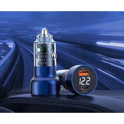 Recci Journey RCC-N20 - Διάφανος Γρήγορος Φορτιστής Αυτοκινήτου με Ψηφιακή Οθόνη LED - Με 1 x USB-A / 1 x Type-C - 50W - Blue (6955482519622)