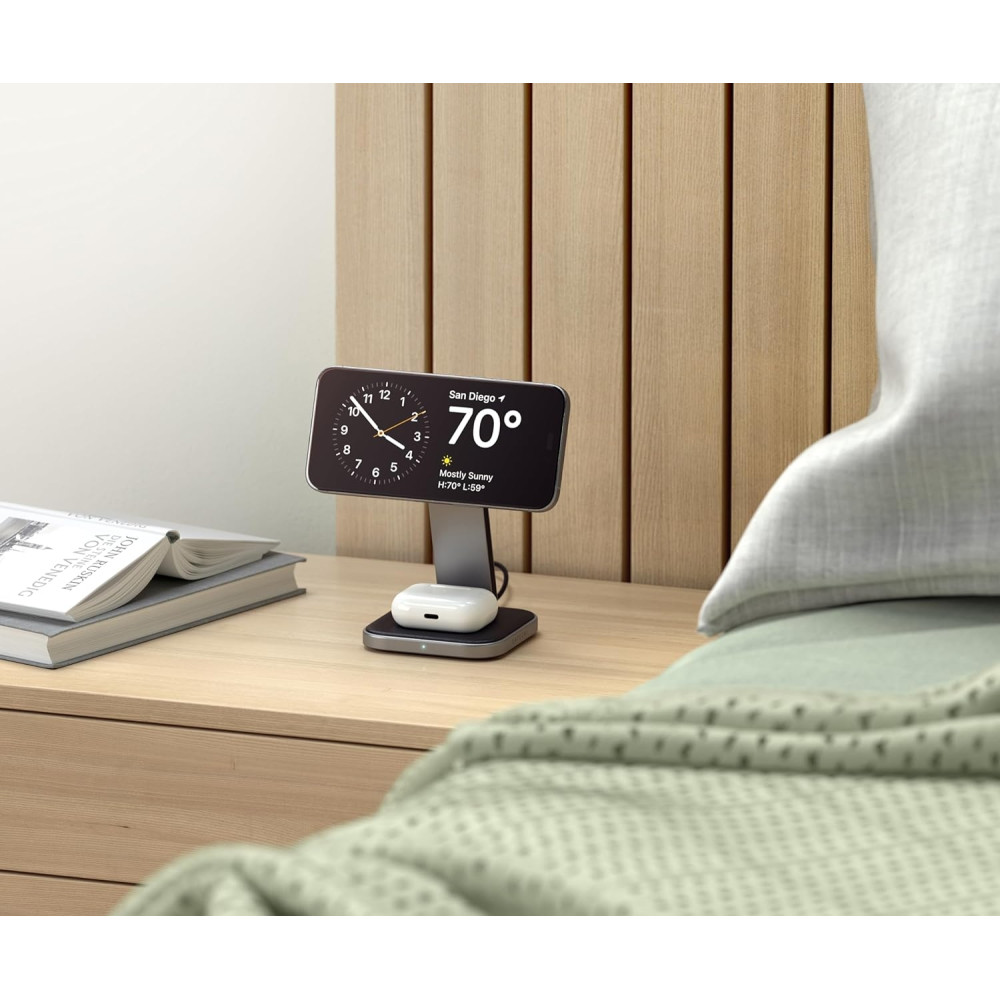 Satechi 2-in-1 Foldable Qi2 Wireless Charging Stand - Μαγνητική Αναδιπλούμενη Βάση Ασύρματης Φόρτισης MagSafe για iPhone 16 / 15 / 14 / 13 / 12 & AirPods από Αλουμίνιο και Vegan Δέρμα - 15W - Space Gray (ST-Q21FM)